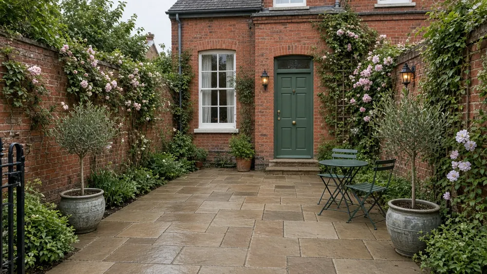 Example image: a walled Victorian garden paved in buff sandstone, with climbers on the brick walls, planters and a bistro set