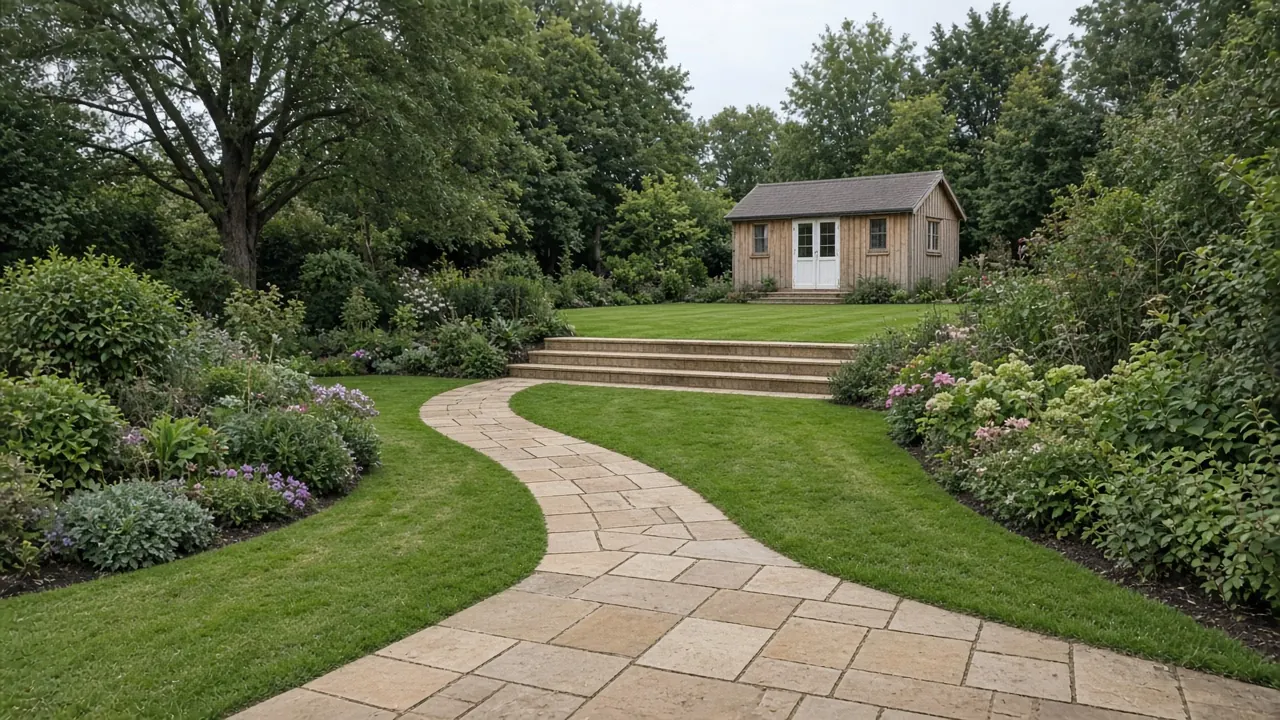 Example image: a sawn sandstone path leading to four even steps up to an upper lawn in a landscaped garden