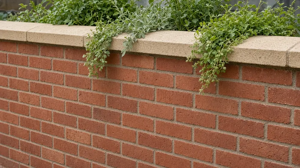 Example image: a brick retaining wall with weep holes and a stone coping holding back a raised lawn